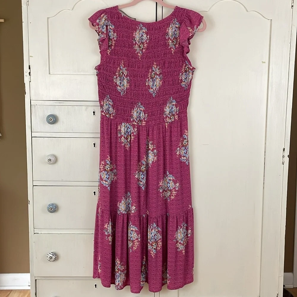 LOFT Pink Flutter Sleeve Sundress smocked midi Petite M